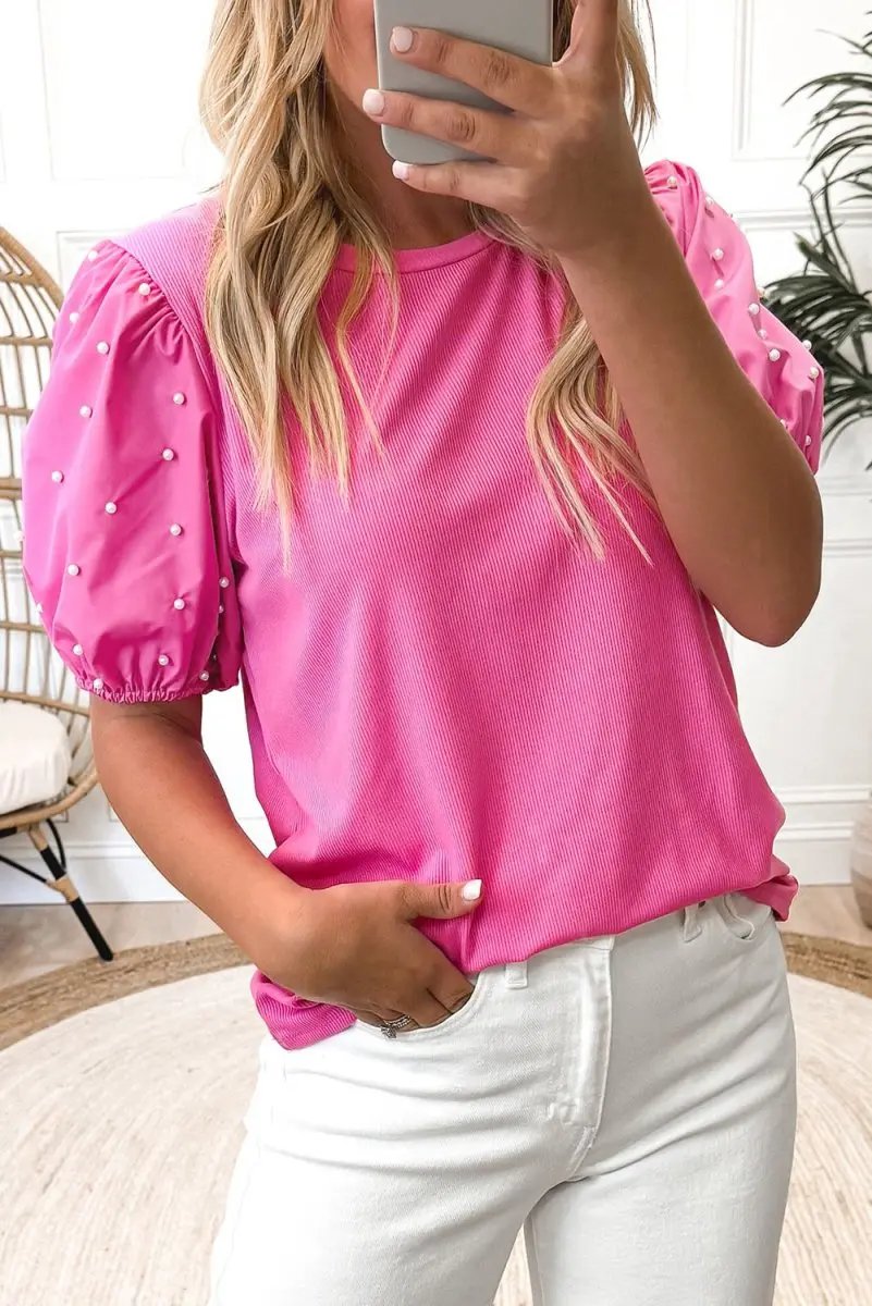 Bright Pink Ribbed Pearl Beaded Puff Sleeve Top Fashion - Love Salve